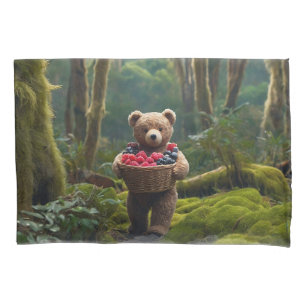 Teddy Bear Gathering Berries Art for Kids Pillowcase