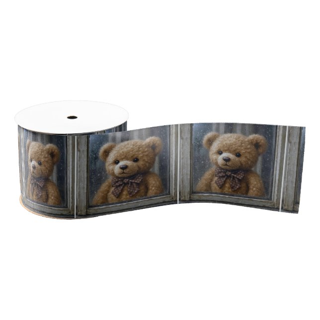 Teddy Bear Gazing Out of a Rainy Window Grosgrain Ribbon (Spool)