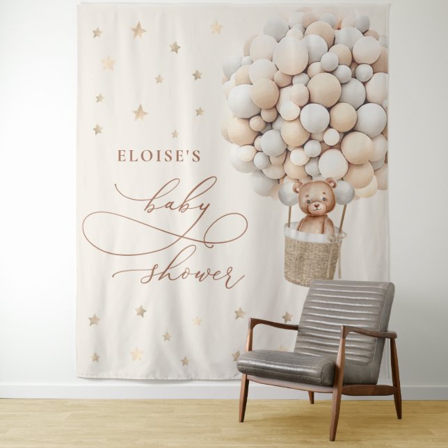 Teddy Bear Gender Neutral Baby Shower Backdrop Tapestry (In Situ)