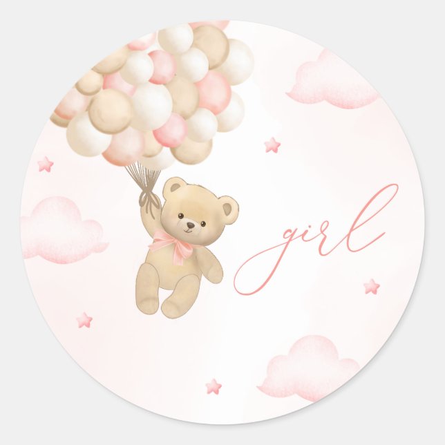 Teddy Bear Gender Reveal Girl Classic Round Sticker (Front)