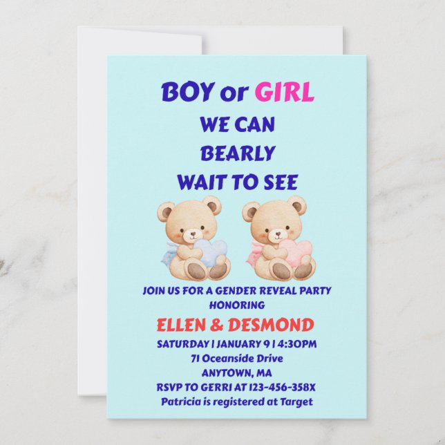 Teddy Bear Gender Reveal Invitation (Front)
