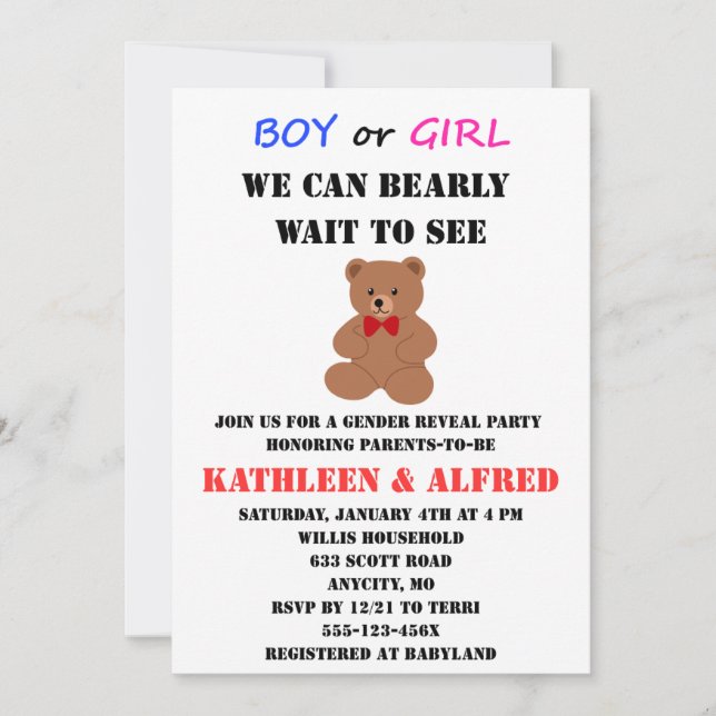 Teddy Bear Gender Reveal Invitation (Front)