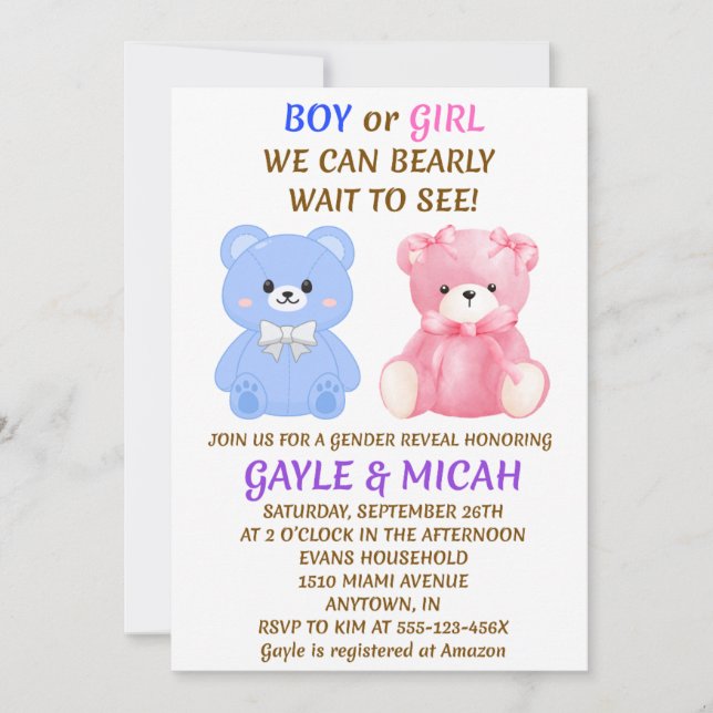 Teddy Bear Gender Reveal Invitation (Front)