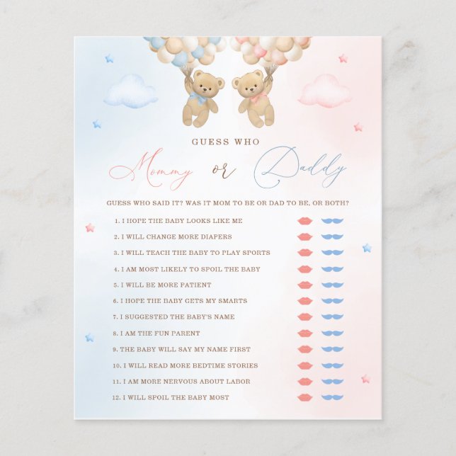 Teddy Bear Gender Reveal Mommy or Daddy Game (Front)