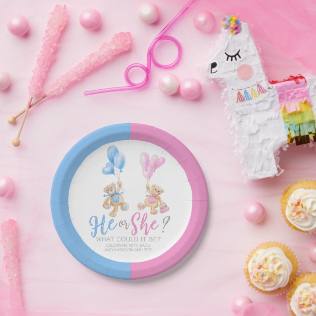 Teddy bear gender reveal watercolor art party paper plate (Party)