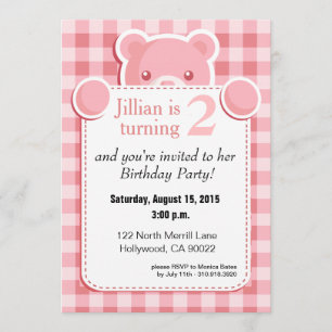 Teddy Bear Gingham Plaid Birthday pink Invitation