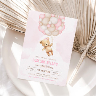 Teddy Bear Girl 1st Birthday Invitation