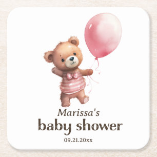 Teddy Bear Girl Baby Shower Paper Coaster