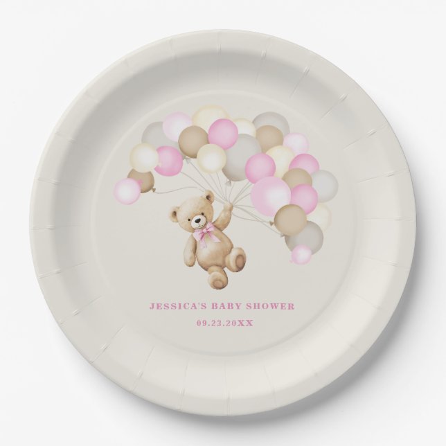 Teddy Bear Girl Baby Shower Paper Plate (Front)