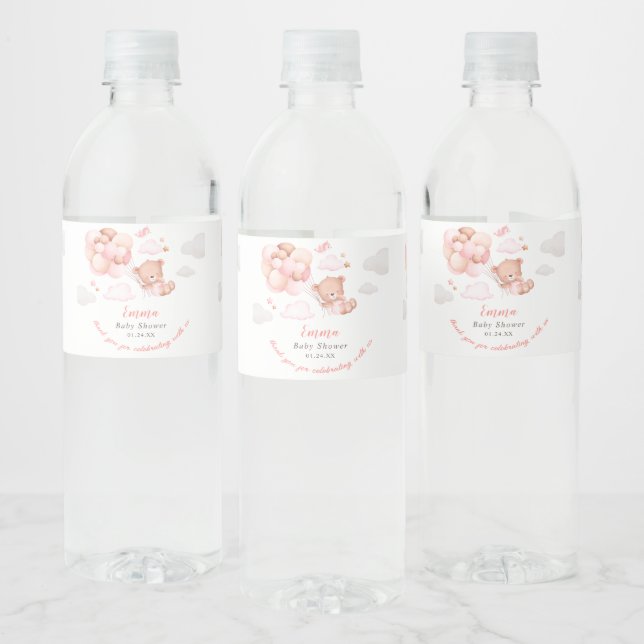 Teddy Bear Girl Baby Shower Water Bottle Label (Bottles)