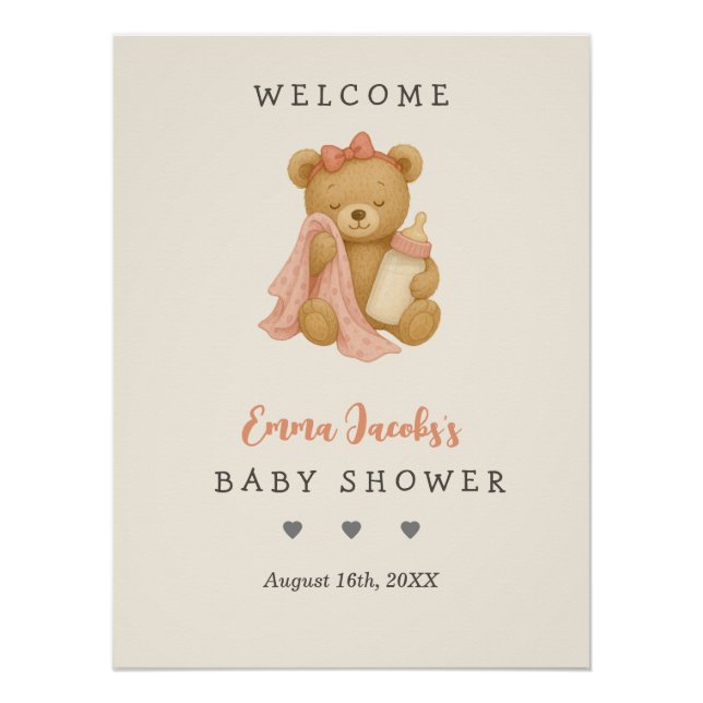 Teddy Bear Girl Baby Shower Welcome Poster (Front)