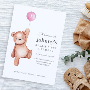 Teddy Bear Girl First Birthday Party Invitation