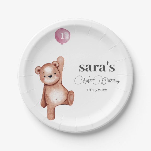 Teddy Bear Girl First Birthday Party Paper Plate (Front)