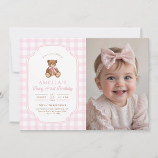 Teddy Bear Girl First Birthday Party Photo Invitation