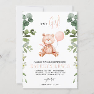 Teddy Bear Girl Greenery Baby Shower Invitation