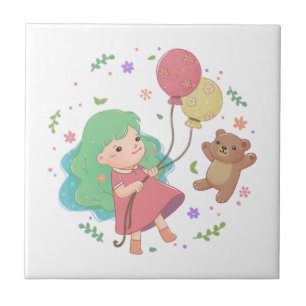 Teddy Bear & Girl Illustration Tile