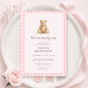 Teddy Bear Girl Pink Gingham Baby Shower Invitation