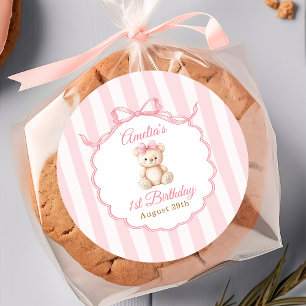 Teddy Bear Girls Pink Bow Stripes 1st Birthday Classic Round Sticker