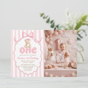 Teddy Bear Girls Pink Bow Stripes 1st Birthday Invitation