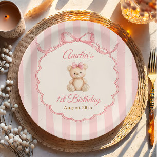 Teddy Bear Girls Pink Bow Stripes 1st Birthday Paper Plate