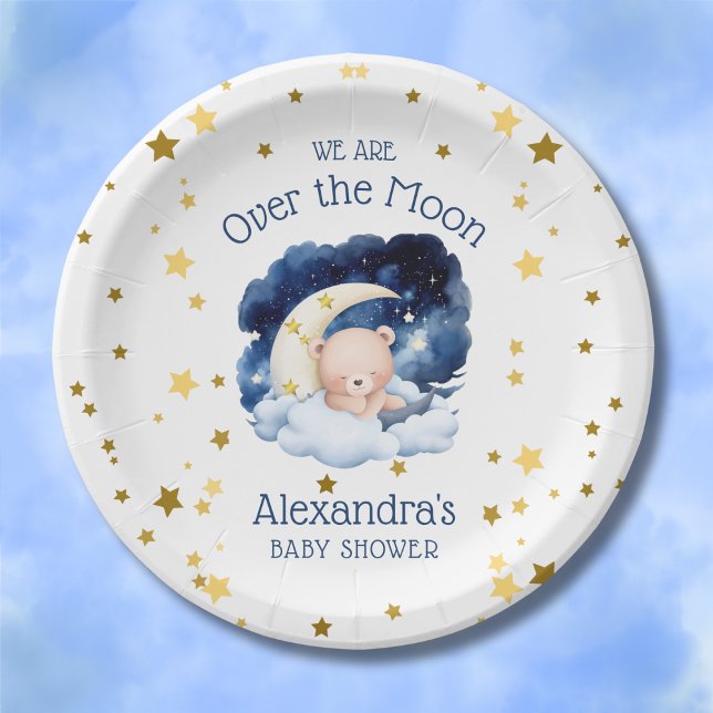 Teddy Bear Gold Stars Over the Moon Baby Shower Paper Plate (Creator Uploaded)