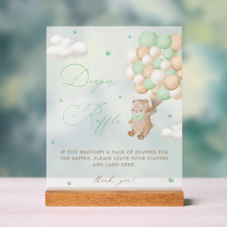Teddy Bear Green Baby Shower Diaper Raffle Acrylic Sign