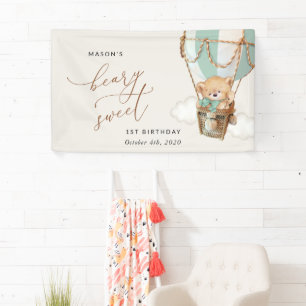 Teddy Bear, Green Balloon, First Birthday Welcome Banner