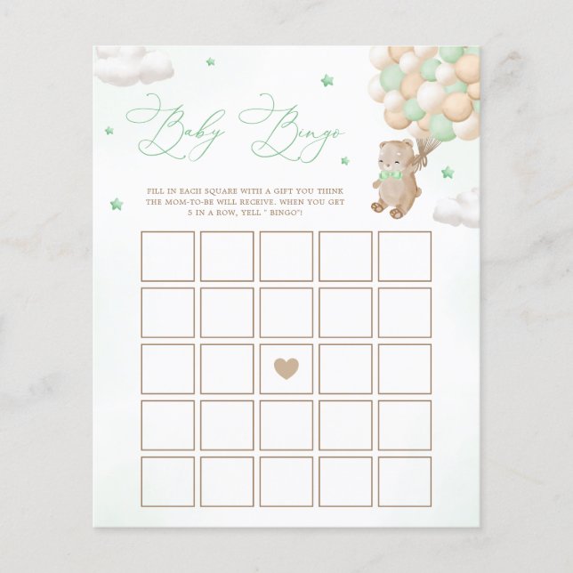 Teddy Bear Green Balloons Baby Shower Bingo Game (Front)