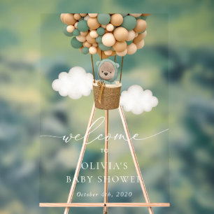Teddy Bear, Green Balloons, Baby Shower Welcome Acrylic Sign