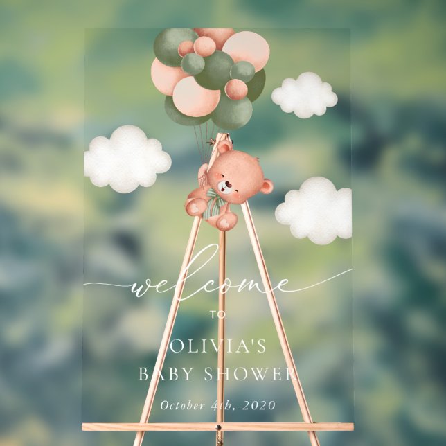 Teddy Bear, Green Balloons, Baby Shower Welcome Acrylic Sign (Neutral)