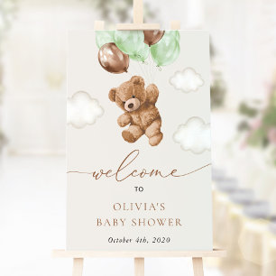 Teddy Bear, Green Balloons, Baby Shower Welcome Poster