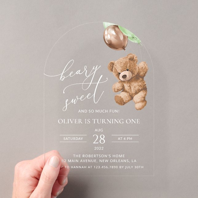 Teddy Bear, Green Balloons, First Birthday Acrylic Invitations (Insitu (Handheld))