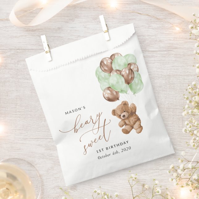 Teddy Bear, Green Balloons, First Birthday Favour Bag (Clipped)