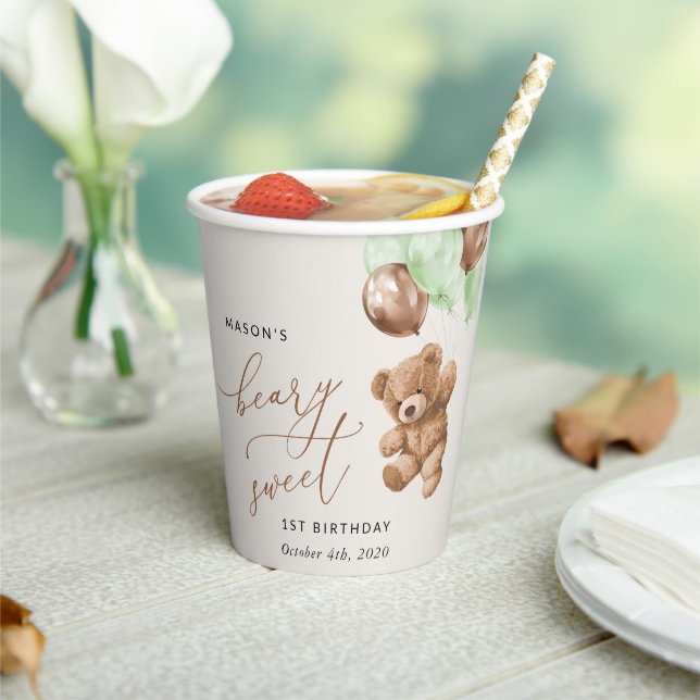 Teddy Bear, Green Balloons, First Birthday Paper Cups (Insitu)