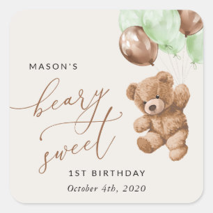 Teddy Bear, Green Balloons, First Birthday Square Sticker
