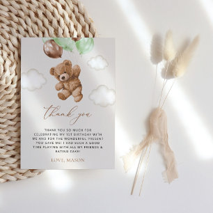 Teddy Bear, Green Balloons, First Birthday Thank You Card