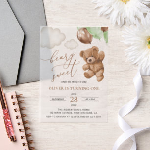 Teddy Bear, Green Balloons, First Birthday Vellum Invitations