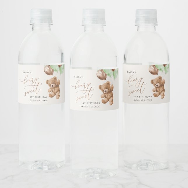 Teddy Bear, Green Balloons, First Birthday Water Bottle Label (Bottles)