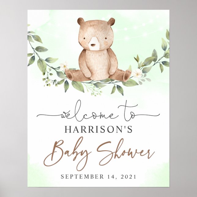 Teddy Bear Green Floral Baby shower Affiche de bie (Devant)