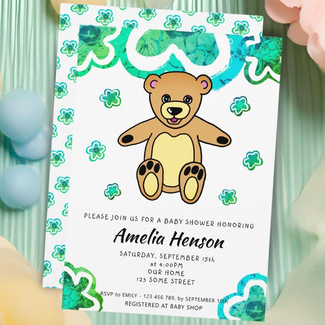 Teddy Bear Green Flowers Floral Baby Shower  Invitation (Creator Uploaded)