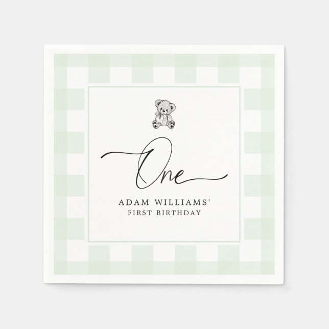 Teddy Bear Green Gingham 1st Birthday Napkins (Front)