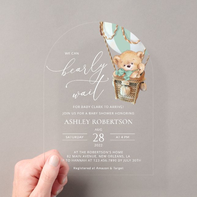 Teddy Bear, Green Hot Air Balloon, Baby Shower Acrylic Invitations (Insitu (Handheld))