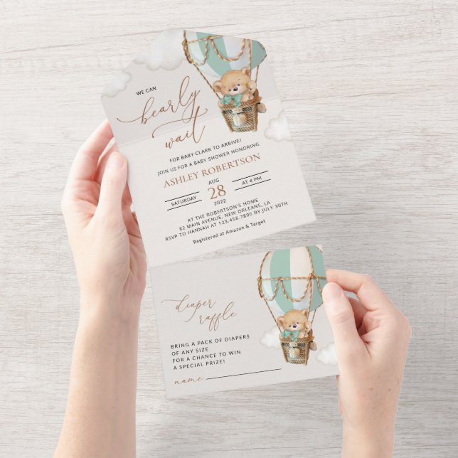 Teddy Bear, Green Hot Air Balloon, Baby Shower All In One Invitation (Tearaway)