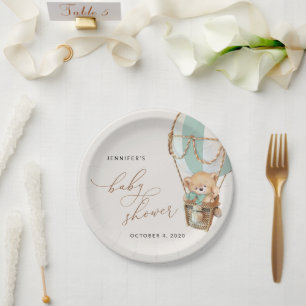 Teddy Bear, Green Hot Air Balloon, Baby Shower Paper Plate