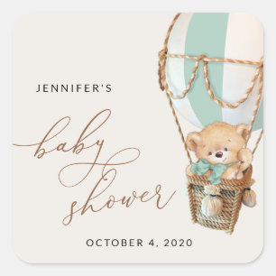 Teddy Bear, Green Hot Air Balloon, Baby Shower Square Sticker