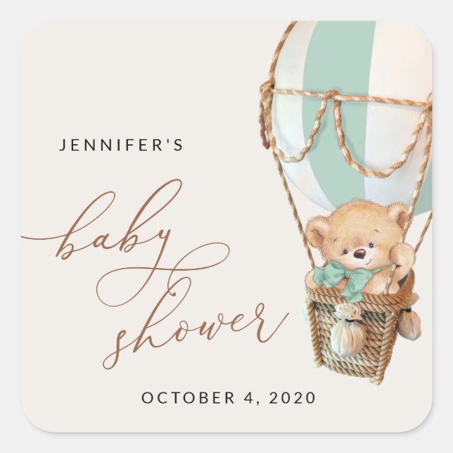 Teddy Bear, Green Hot Air Balloon, Baby Shower Square Sticker (Front)
