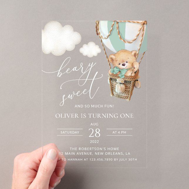 Teddy Bear, Green Hot Air Balloon, First Birthday Acrylic Invitations (Insitu (Handheld))