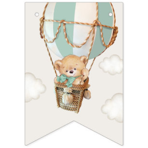 Teddy Bear, Green Hot Air Balloon, First Birthday Bunting Flags