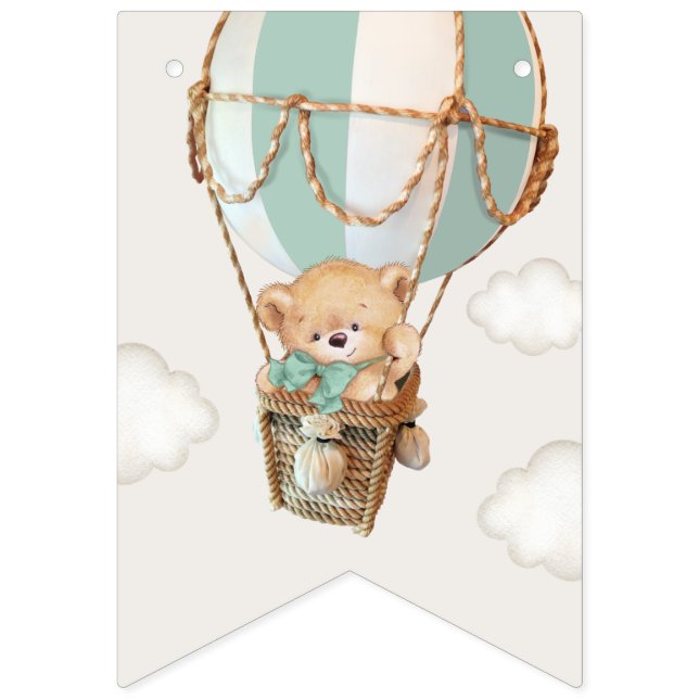 Teddy Bear, Green Hot Air Balloon, First Birthday Bunting Flags (First Flag)
