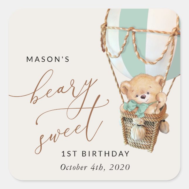Teddy Bear, Green Hot Air Balloon, First Birthday Square Sticker (Front)